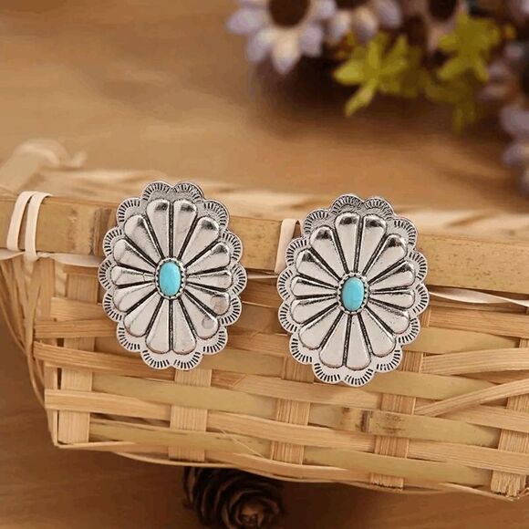 Western Silver Turquoise Concho Stud Earrings - Picture 3 of 6